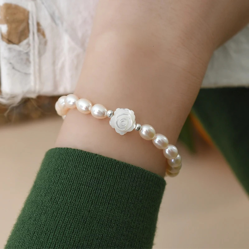 Beaded ASHIQI Natural Freshwater Pearl Shell Flower Bracelet 925 Sterling Silver Fashion Jewelry for Girl 231208