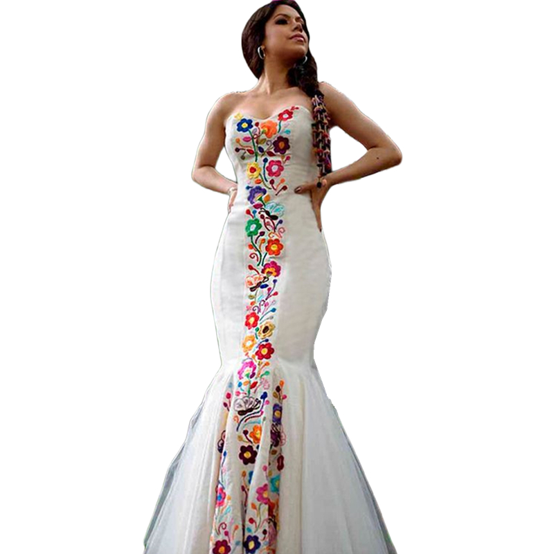 Mexican Embroidery Floral Mermaid Wedding Dress Vintage Long Satin Bridal Gowns Sweetheart Back Lace-up Plus Size Vestido De Novia 2024