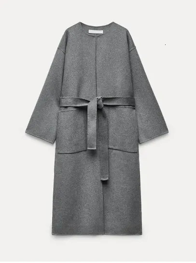 Women's Wool Blends Lapel Collar Long Sleeve Women Long Coat With Scarf Double Breasted Oversized Loose Female Overcoat Chic Autumn Winter Top 23