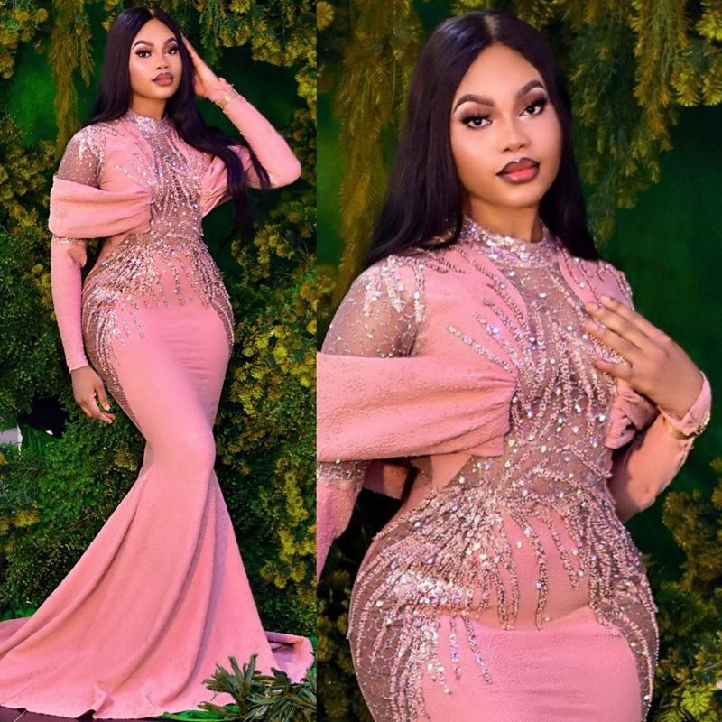 Pink Gorgeous Evening Dresses Mermaid Elegant Illusion Long Sleeves Promdress High Neck Lace Birthday Party Prom Gowns Second Reception African Vestido De AM145