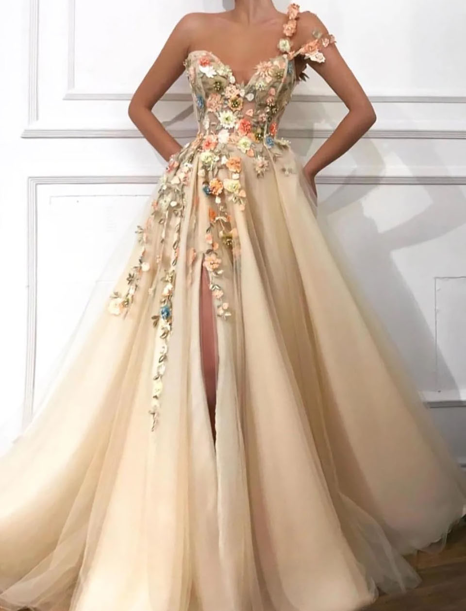 Evening Dresses Champagne Prom Gown Party Formal A Line Applique Beaded Custom Plus Size Zipper Lace Up New One-Shoulder Sleeveless Tulle Thigh-High S