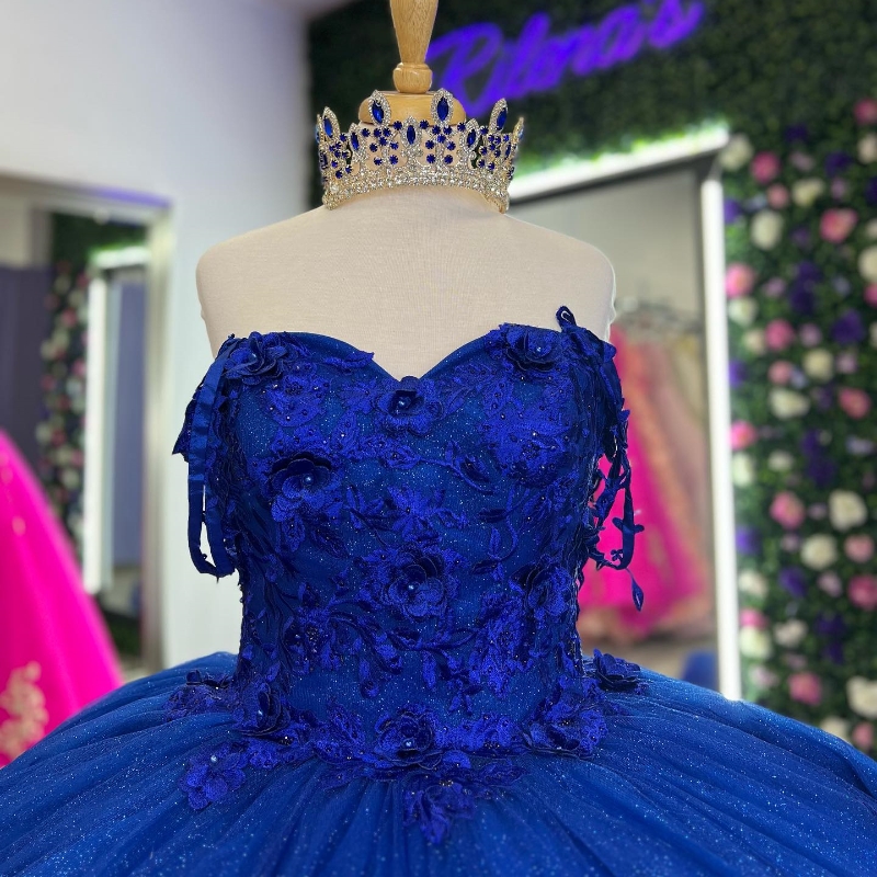 Mexico Royal Blue Shiny Off The Shoulder Ball Gown Quinceanera For Girl Beaded 3D wers Birthday Party Gowns Prom Dresses Sweet 16 Dress Vestidos De 15
