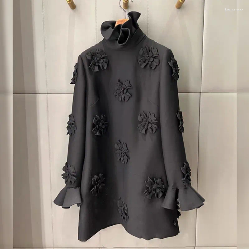 Casual Dresses Black Ruffles Stand Collar Dress Temperament Loose Women Spring Fashion Chic