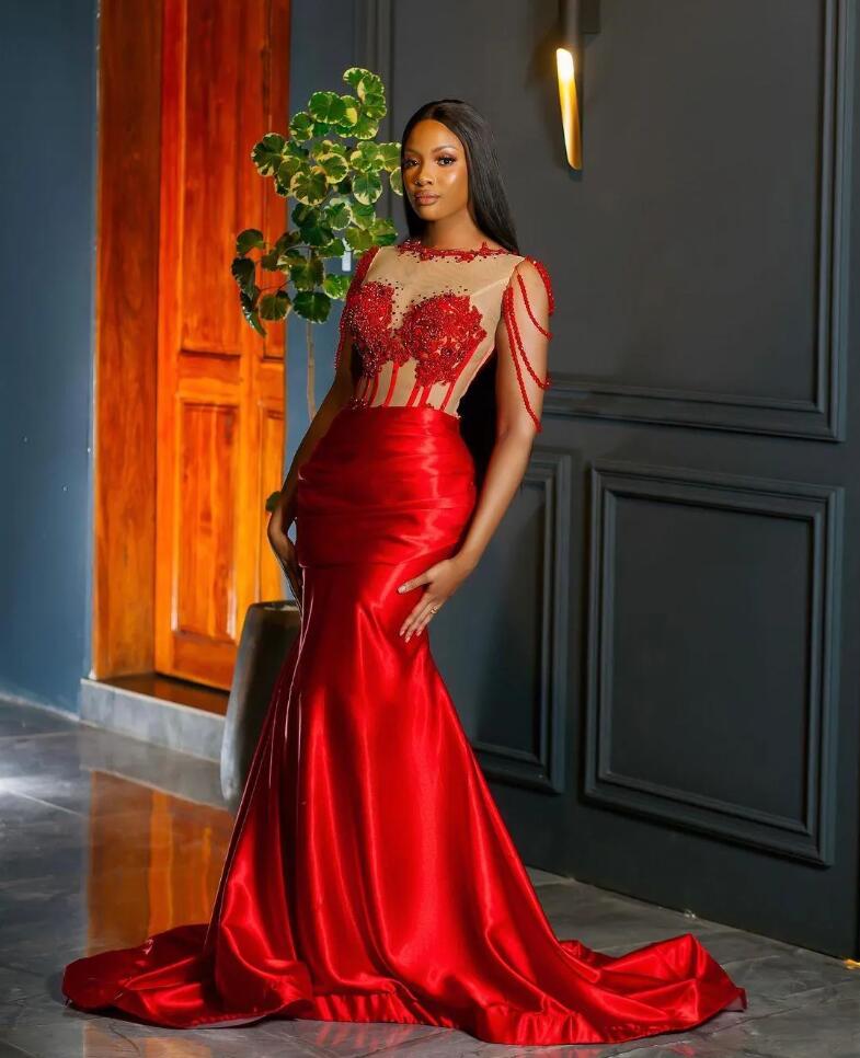 Arabic Aso Ebi Red Mermaid Luxurious Prom Dresses Lace Beaded Crystals Evening Second Reception Birthday Engagement Gowns