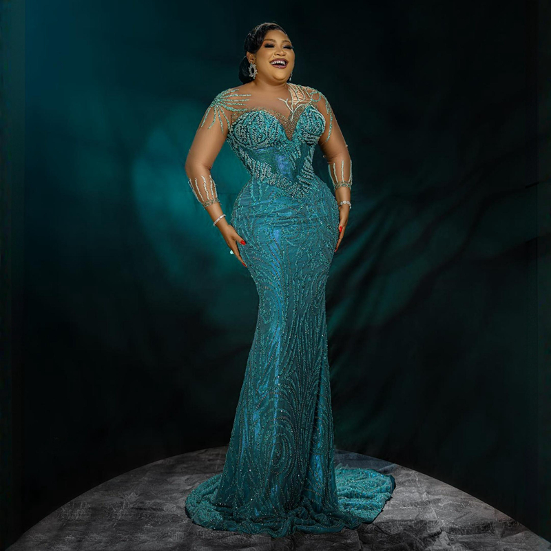 African Aso Ebi Plus Size Prom Dresses Illusion Mermaid Lace Evening Dress Long Sleeves Beaded Birthday Party Gowns for African Black Women Engagement