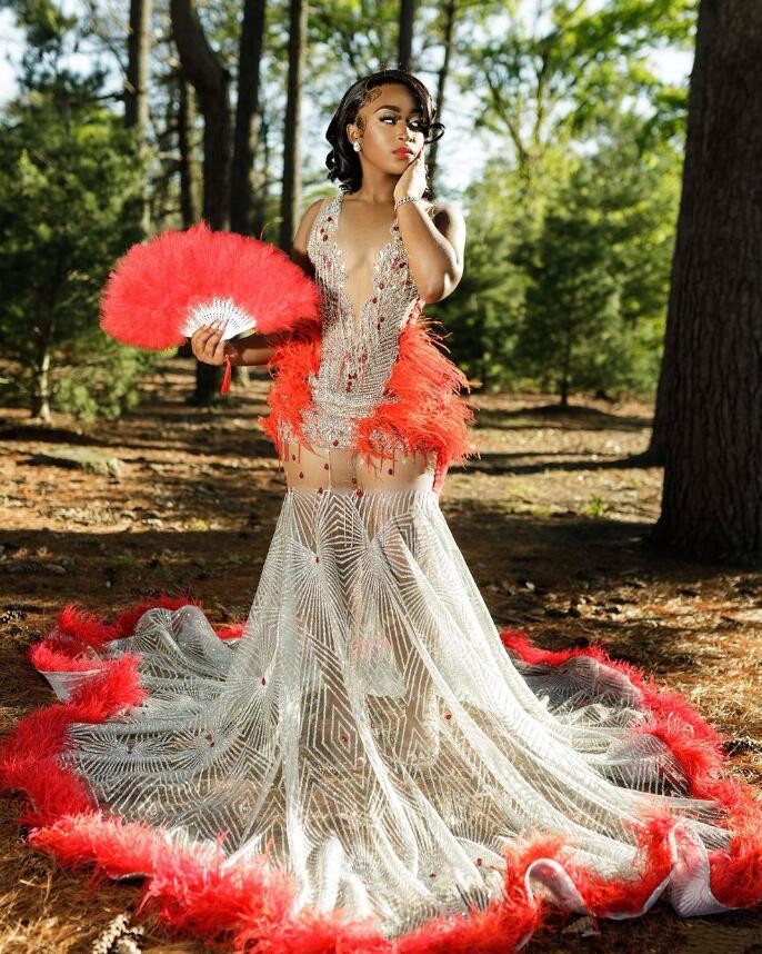 Red Silver Long Prom Dresses 2024 For Black Girls Birthday Party Dress Mermiad African Evening Gown Formal Gown