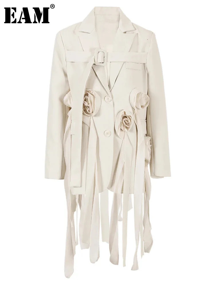 Womens Suits Blazers EAM Beige Flower Irregular Long Blazer Women Lapel Long Sleeve Loose Fit Jacket Fashion Spring Autumn 1DF9938 231208