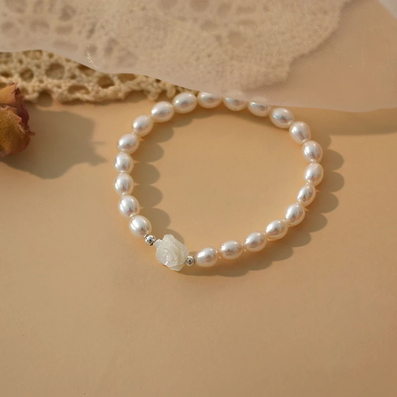 Beaded ASHIQI Natural Freshwater Pearl Shell Flower Bracelet 925 Sterling Silver Fashion Jewelry for Girl 231208