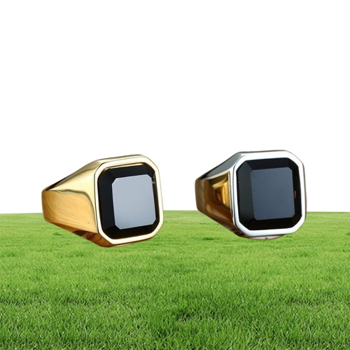 Dignified Black Carnelian Stainless Steel Golden Square Signet Ring for Men Pinky Rings Male Wealth and Rich Status Jewelry