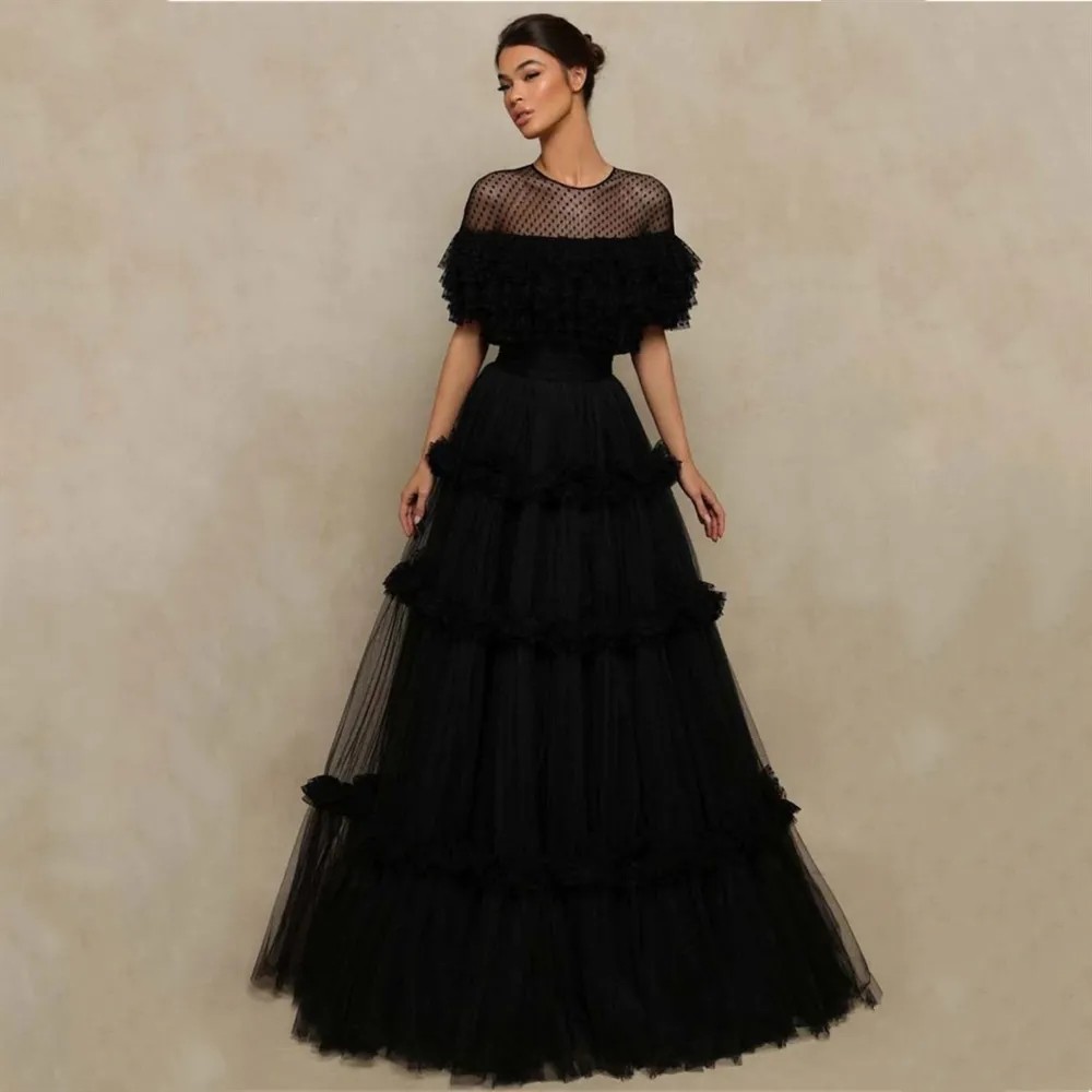 2024 Moderni Abiti Da Sera Moderni O-Collo Multilaye Wave Point Tulle Abiti Da Ballo Formali Da Ballo Di Ballo Nero De Soriee-image