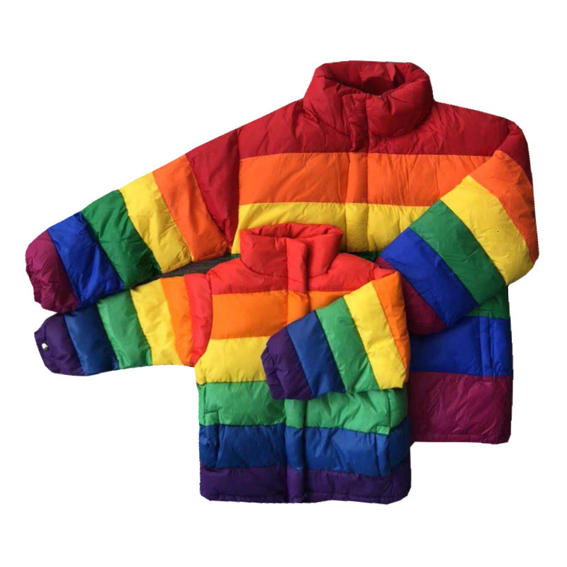 Winter Casual Down Cotton Jacket Women Rainbow Wadded Parka Plus Size Loose Striped Coat Femme Chaqueta Mujer 201127