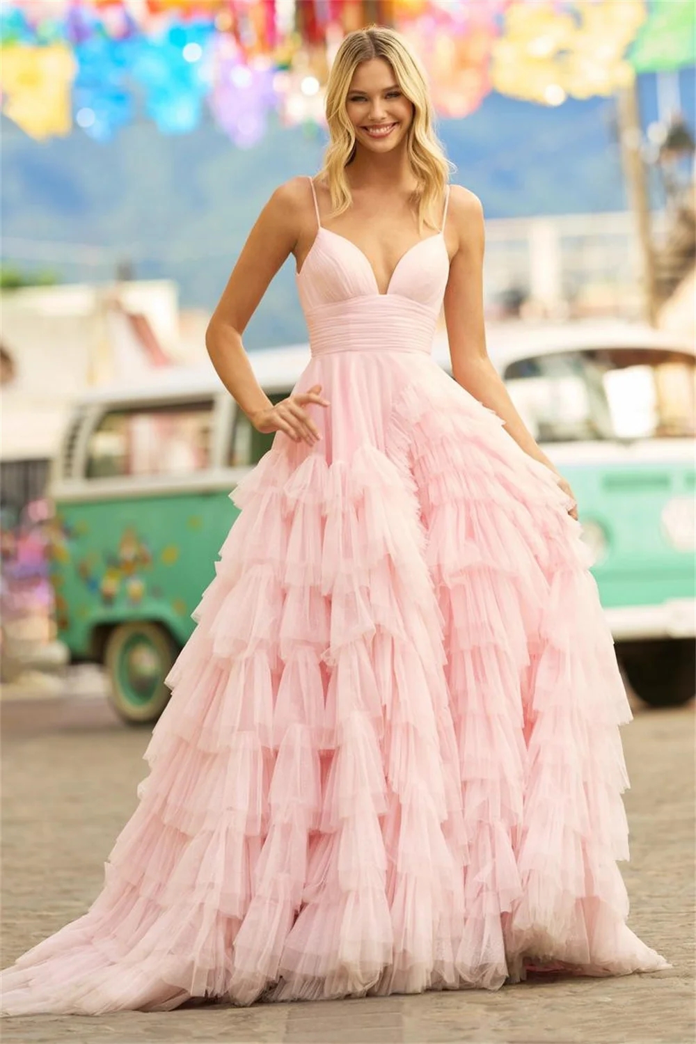 New Baby Pink Multilayer Princess Prom Dress Long Deep V Neck Straps Ruffles Tulle Formal Evening Party Gowns Robe De Soiree