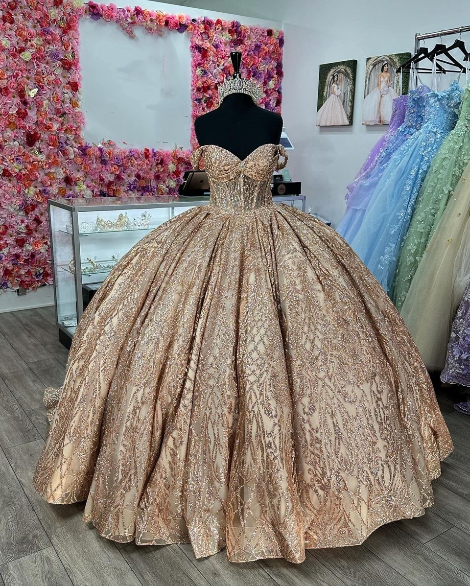 Shimmering Glitter Tulle Quinceanera Dress Detachable Back Bow Ball Mexican Quince Sweet 15/16 Birthday Party Gown for 15th Girl Drama Winter Formal P