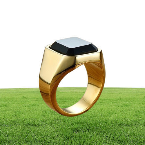 Dignified Black Carnelian Stainless Steel Golden Square Signet Ring for Men Pinky Rings Male Wealth and Rich Status Jewelry
