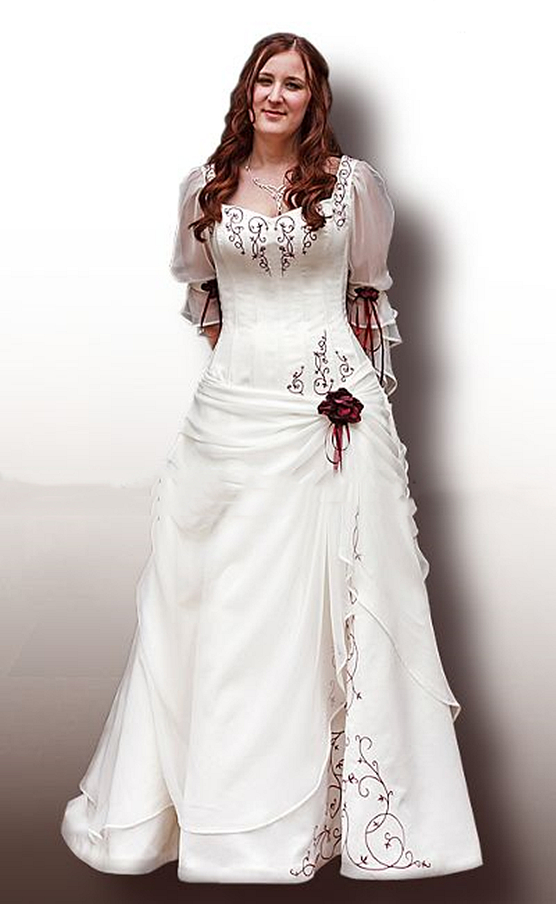 Fantastically Ivory A Line Victorian Wedding Dresses With Burgundy Embroidery Lace-Up Corset Celtic Wedding Gown For Bride Half Sleeves Vintage Vestid