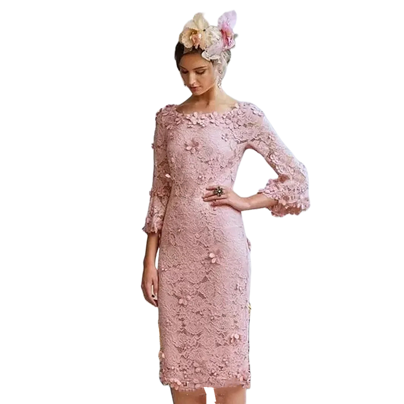 Elegant Sheath Lace Mother Of The Bride Dresses With 3D Floral Appliques 2024 Spring Summer Tea Length Pink Wedding Guest Dress For Women Formal Occas