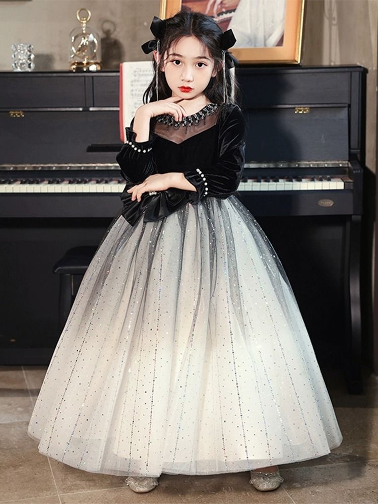 Arabic Crystals Wer Girl Long Sleeve Child Pageant Dresses New Beautiful Little Kids Black Shiny Ball Gown Formal Party Bridesmaid Dress 403 6660311