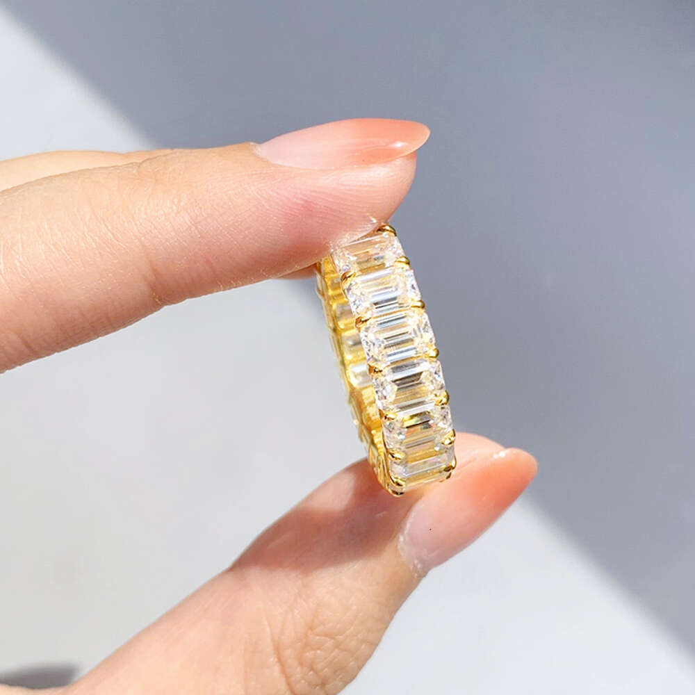 Hailer GRA 3x5mm 0.5ct full dias yellow gold wedding band emerald cut moissanite eternity ring