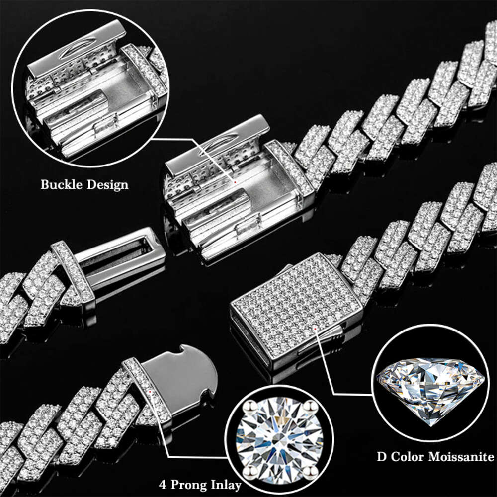10/12/16/19MM two rows VVS Iced Out Dia Sterg Sier Men Necklace Miami Moissanite Cuban k Chain