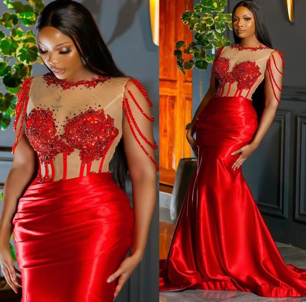 Arabic Aso Ebi Red Mermaid Luxurious Prom Dresses Lace Beaded Crystals Evening Second Reception Birthday Engagement Gowns