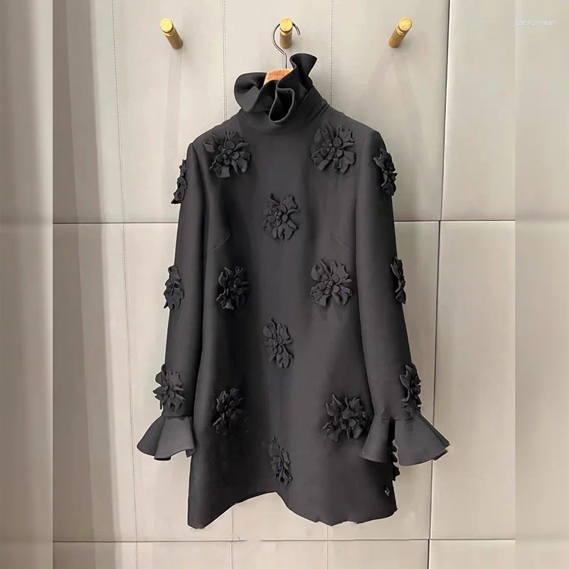 Casual Dresses Black Ruffles Stand Collar Dress Temperament Loose Women Spring Fashion Chic
