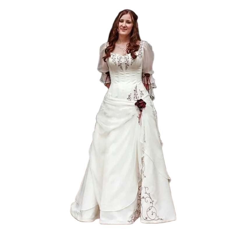 Fantastically Ivory A Line Victorian Wedding Dresses With Burgundy Embroidery Lace-Up Corset Celtic Wedding Gown For Bride Half Sleeves Vintage Vestid
