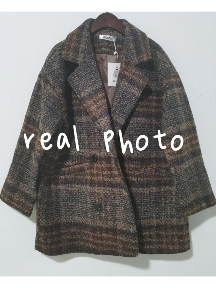 Women's Wool Blends Bella Winter Korean Overcoat Women Vintage Woolen Loose Coats female Double Breasted Turn-down Collar Overcoat 231208