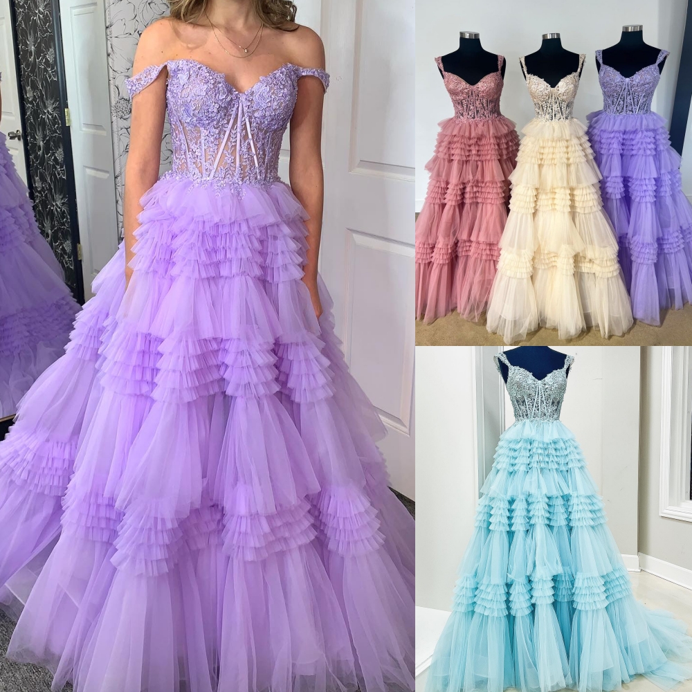Tulle Ruffle Formal Party Dress 2k26 Lace Applique Corset Bodice Lady Pageant Prom Evening Event Hoco Gala Cocktail Red Carpet Dance Gown Photoshoots 