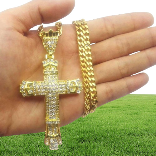 hip hop cross diamonds pendant necklaces for men Religious golden silver luxury necklace Stainless steel Cuban chain jewelry