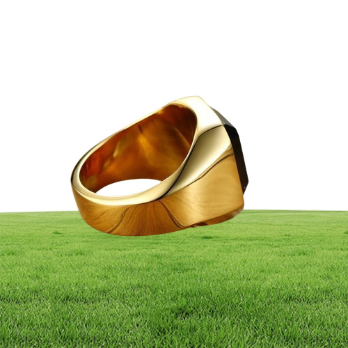 Dignified Black Carnelian Stainless Steel Golden Square Signet Ring for Men Pinky Rings Male Wealth and Rich Status Jewelry
