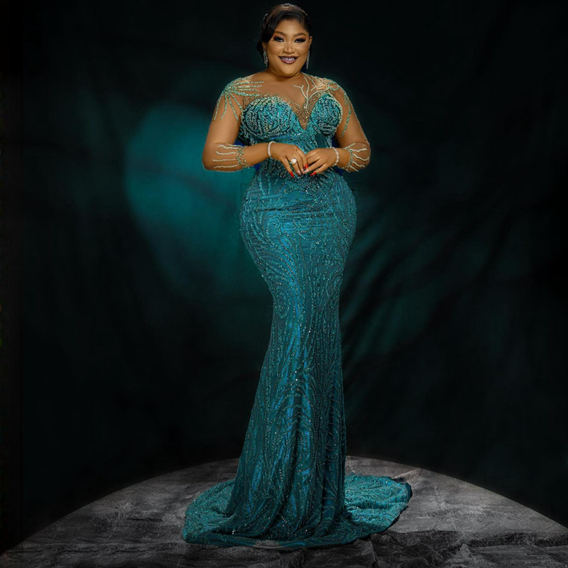 African Aso Ebi Plus Size Prom Dresses Illusion Mermaid Lace Evening Dress Long Sleeves Beaded Birthday Party Gowns for African Black Women Engagement