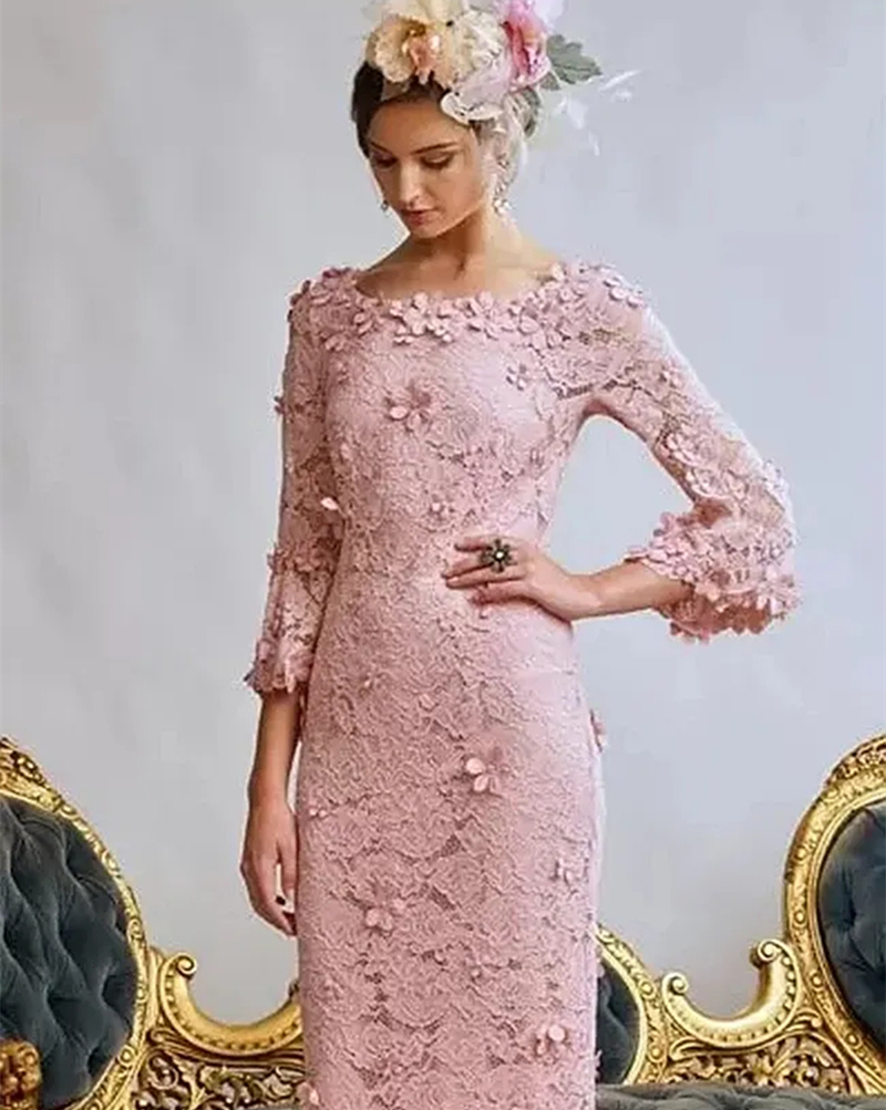 Elegant Sheath Lace Mother Of The Bride Dresses With 3D Floral Appliques 2024 Spring Summer Tea Length Pink Wedding Guest Dress For Women Formal Occas