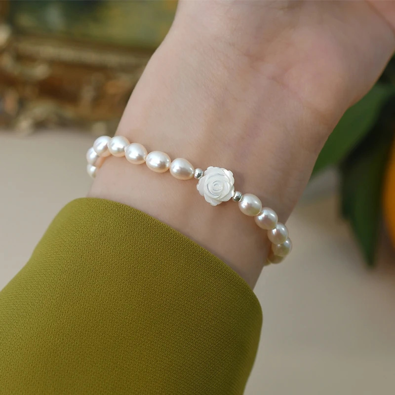Beaded ASHIQI Natural Freshwater Pearl Shell Flower Bracelet 925 Sterling Silver Fashion Jewelry for Girl 231208