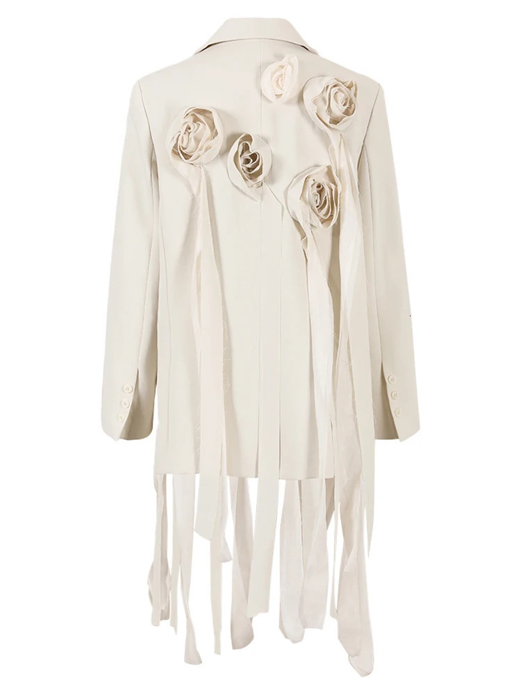 Womens Suits Blazers EAM Beige Flower Irregular Long Blazer Women Lapel Long Sleeve Loose Fit Jacket Fashion Spring Autumn 1DF9938 231208