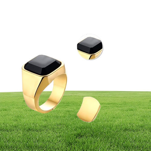 Dignified Black Carnelian Stainless Steel Golden Square Signet Ring for Men Pinky Rings Male Wealth and Rich Status Jewelry