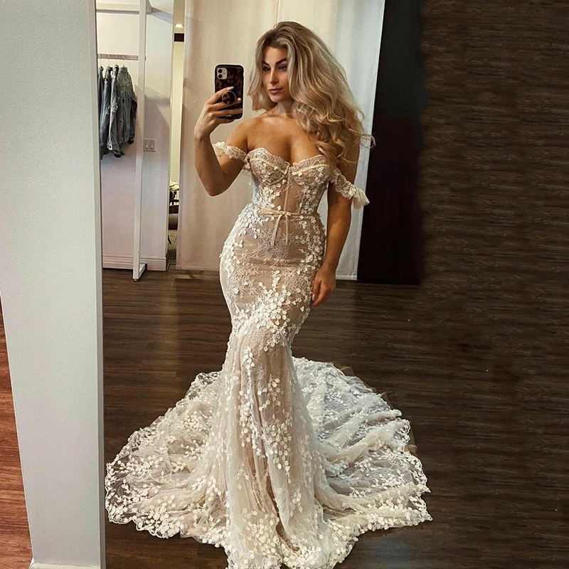 Appliques Boho Lace D Mermaid Wedding Dresses Illusion Nude Lining Sexy Off Shoulder Sweetheart Corset Beach Long Bridal Gowns