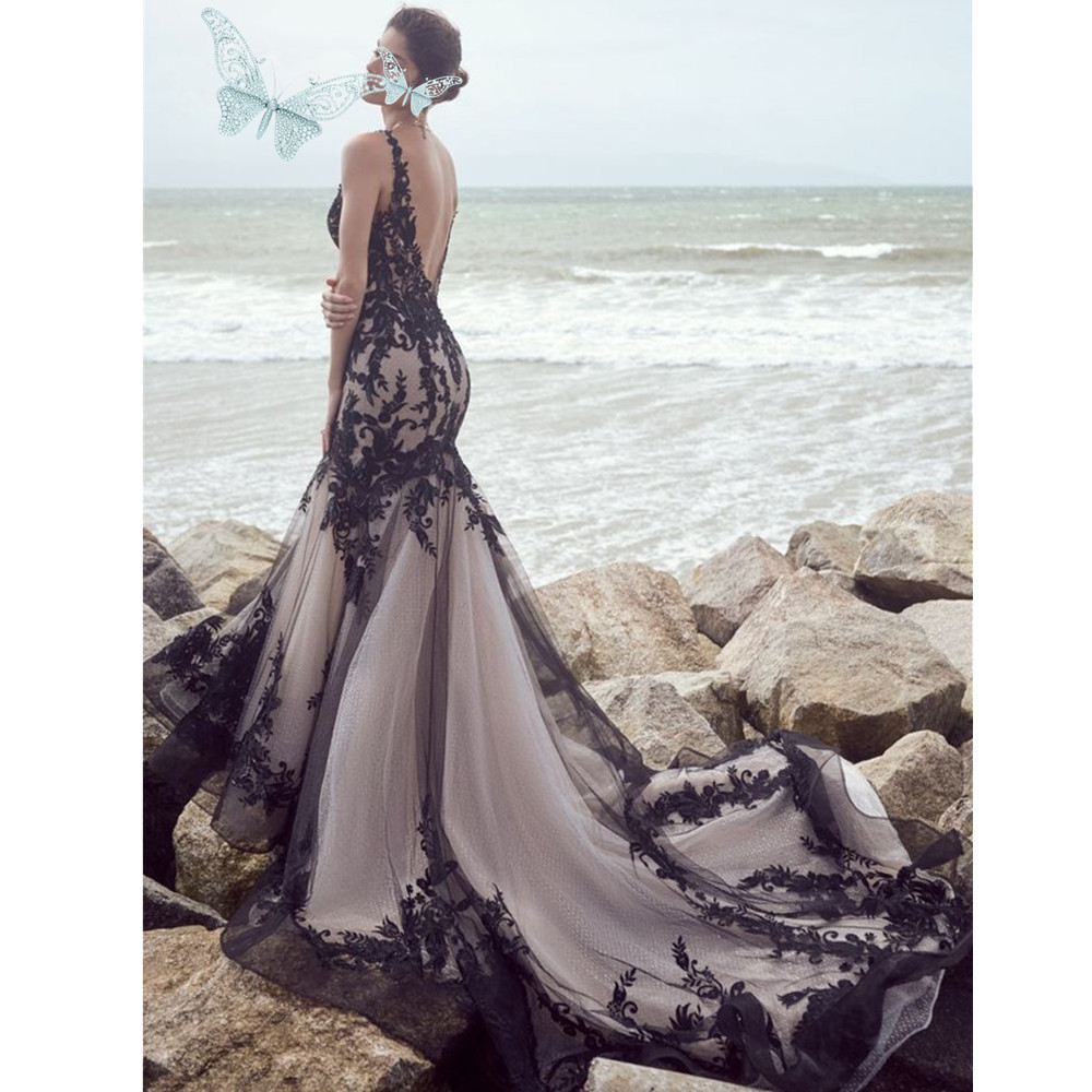 Black Strap Spaghetti Prom Dresses Sleeveless Appliques Lace Backless Bridal Gowns Long Robe De Soiree Custom Made
