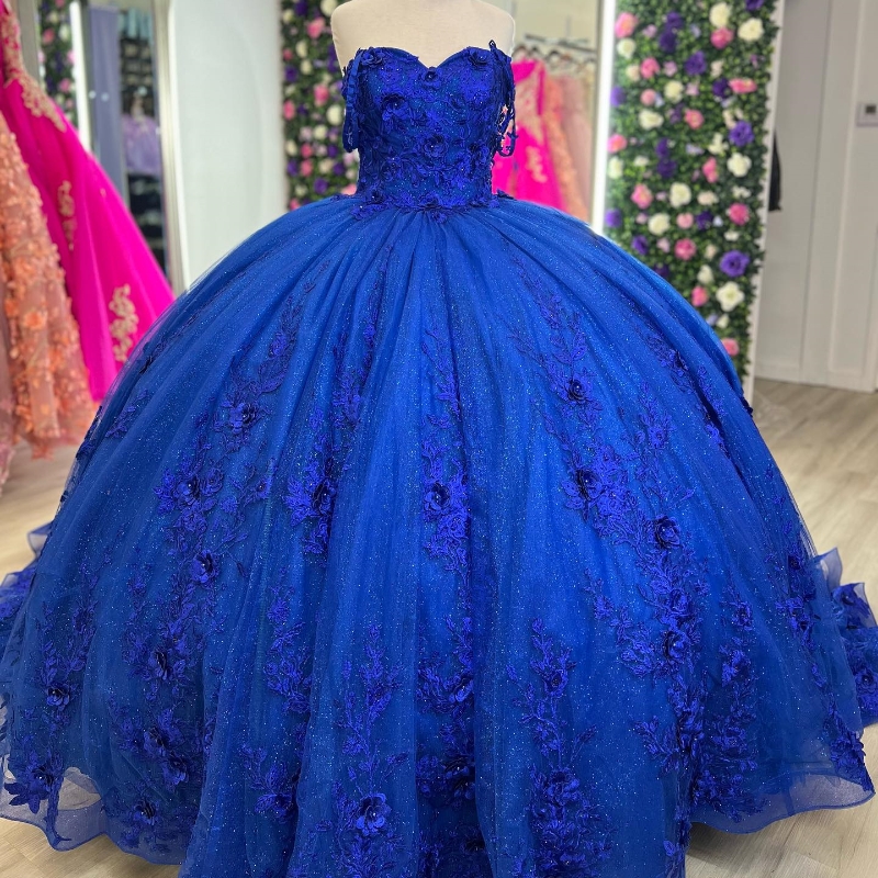 Mexico Royal Blue Shiny Off The Shoulder Ball Gown Quinceanera For Girl Beaded 3D wers Birthday Party Gowns Prom Dresses Sweet 16 Dress Vestidos De 15