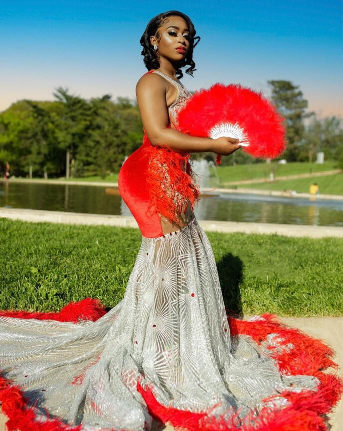 Red Silver Long Prom Dresses 2024 For Black Girls Birthday Party Dress Mermiad African Evening Gown Formal Gown
