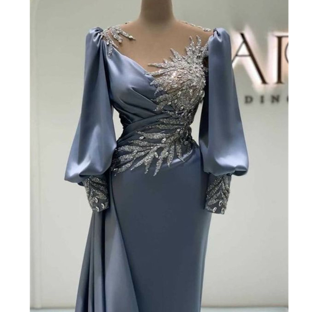Beaded Fabulous Mermaid Dresses Sheer Jewel Neckline Evening Gowns Long Puff Sleeve Appliqued Sweep Train Satin Prom Wears Formal