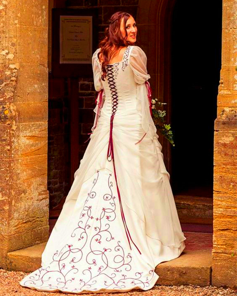 Fantastically Ivory A Line Victorian Wedding Dresses With Burgundy Embroidery Lace-Up Corset Celtic Wedding Gown For Bride Half Sleeves Vintage Vestid