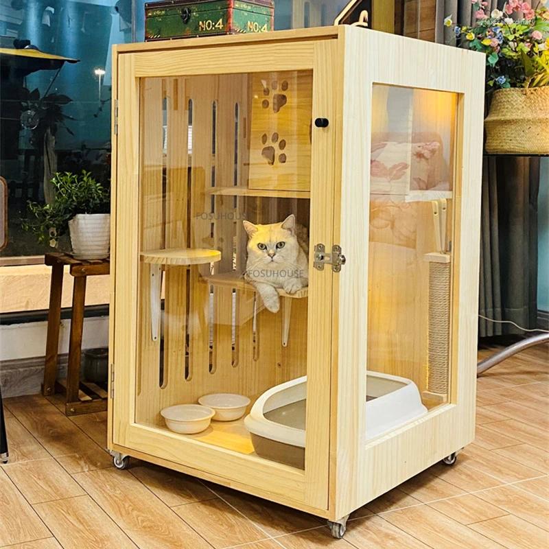 Cat Carriers Modern Solid Wood Villa House Large Free Space Cage Indoor Portable Transparent Supply Bilayer