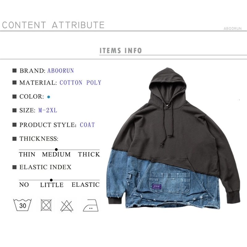 Men's Hoodies Sweatshirts ABOORUN Men's Fashion Denim Patchwork Sweatshirts Hi Street Broken Hole Pullover Hoodies for Male 231208