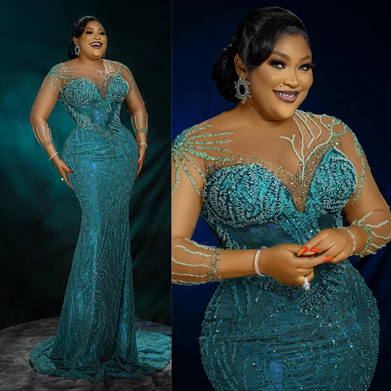 African Aso Ebi Plus Size Prom Dresses Illusion Mermaid Lace Evening Dress Long Sleeves Beaded Birthday Party Gowns for African Black Women Engagement