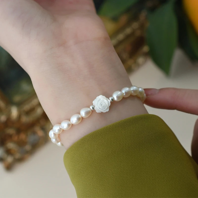 Beaded ASHIQI Natural Freshwater Pearl Shell Flower Bracelet 925 Sterling Silver Fashion Jewelry for Girl 231208