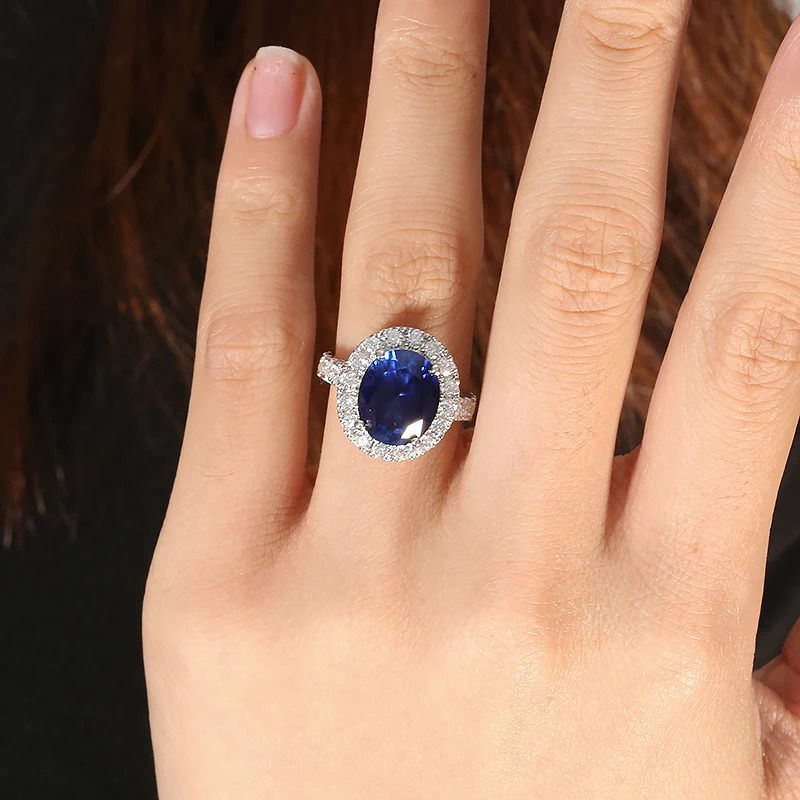 Wedding Rings 100% 14k Solid White Gold 5.0ct Oval Lab Sapphire Main Stone Wedding Engagement Ring Gift Fine Jewelry for Women 231208