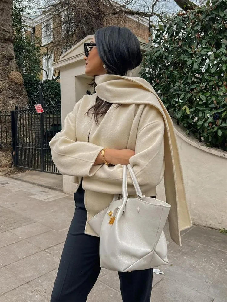 Women's Wool Blends Autumn Winter Ladies Warm Thick Coat With Scarf Women Elegant Long Sleeve Coats Female Vintage Casual Street Overcoat 231211