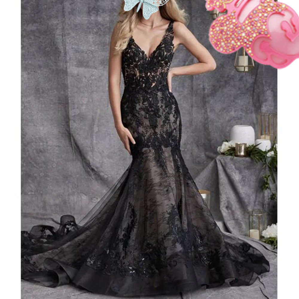 Black Strap Spaghetti Prom Dresses Sleeveless Appliques Lace Backless Bridal Gowns Long Robe De Soiree Custom Made