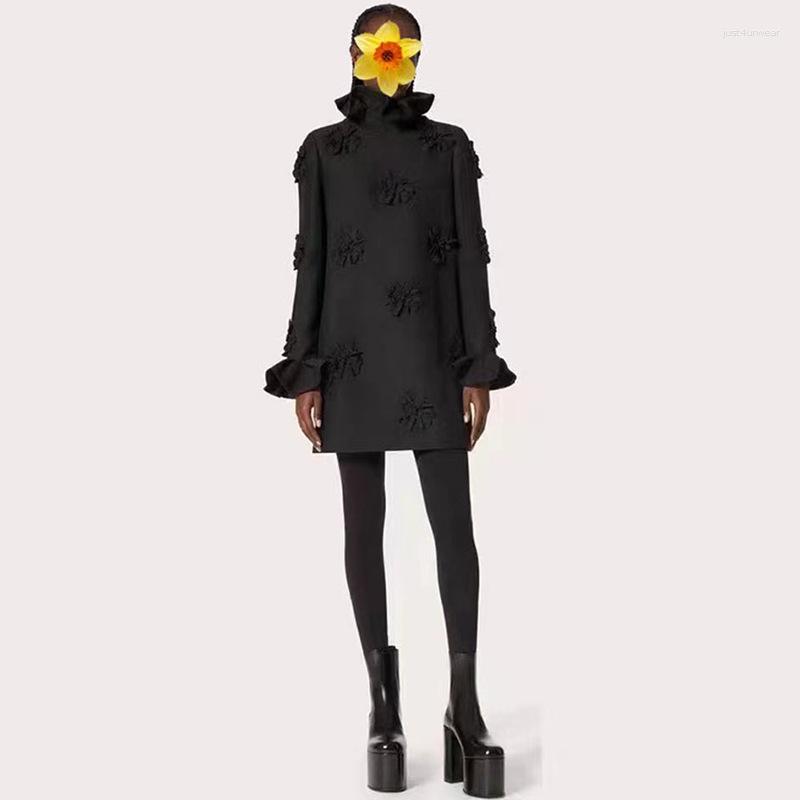Casual Dresses Black Ruffles Stand Collar Dress Temperament Loose Women Spring Fashion Chic
