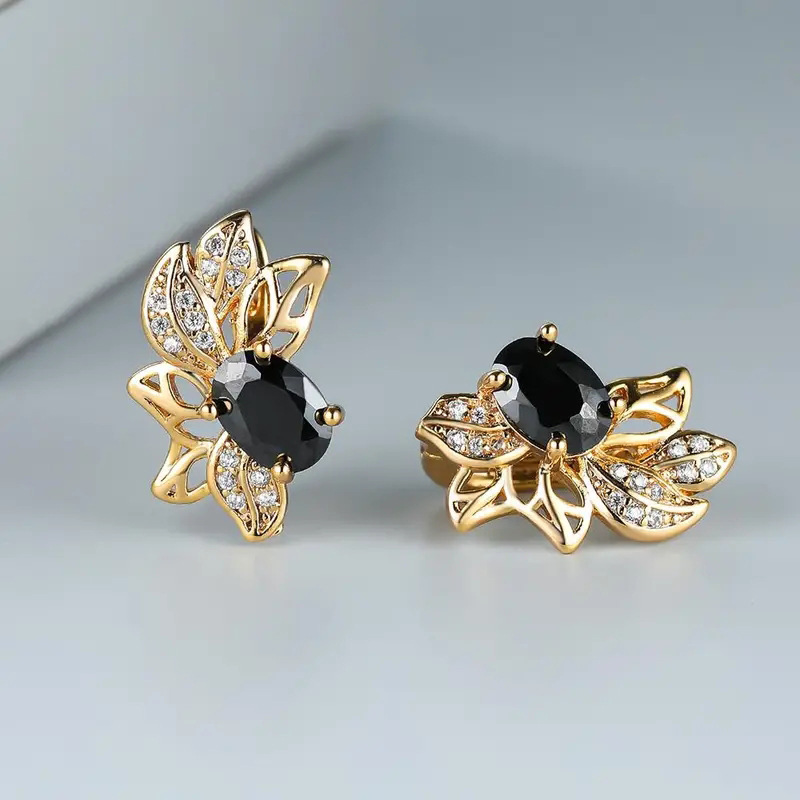 Designer Women's Earrings Classic Crystal Flower Earrings Black Zircon Gold Leaf Earrings Fashion Jewelry